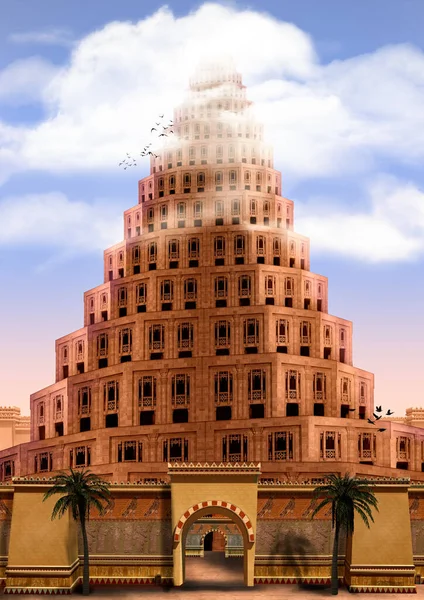 Tower Babel Bible Genesis Reaching Sky Disappearing Clouds Origin Myth — Stock Photo, Image