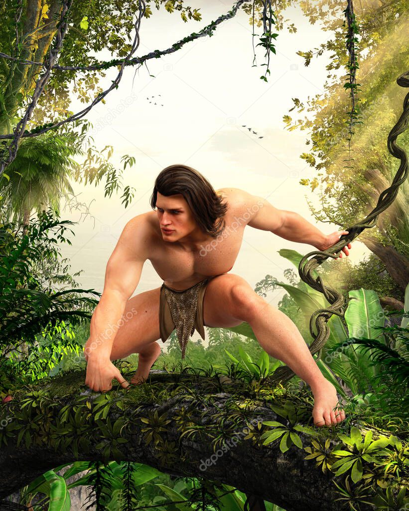 Legend of the apeman, Tarzan, king of the jungle, swinging on a vine through the African rainforest, 3d render.