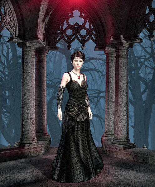 The dark and mysterious Princess of Darkness, a perfect brooding and dark Gothic female vampire, drop-dead elegant seductress, 3d render