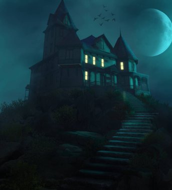 Spooky Halloween haunted manor on a hill against the moon in a foggy night, 3d render. clipart