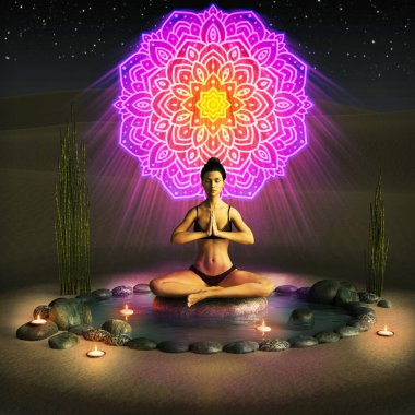 Geceleri çölde yoga ve meditasyon yapan bir kız....