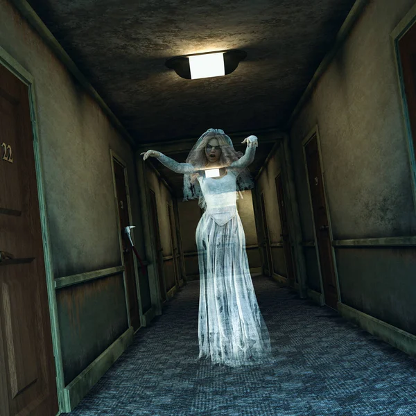 A creepy and spooky hotel corridor haunted by a female ghost in bride dress, 3d render.  Concept of Halloween horror