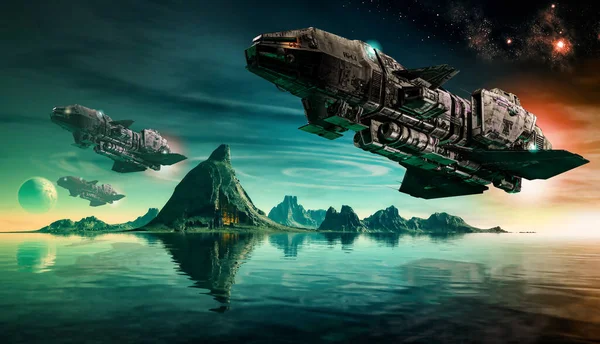 Futuristic Scifi Battle Space Ships Hover Acid Ocean Alien Planet — Stock Photo, Image