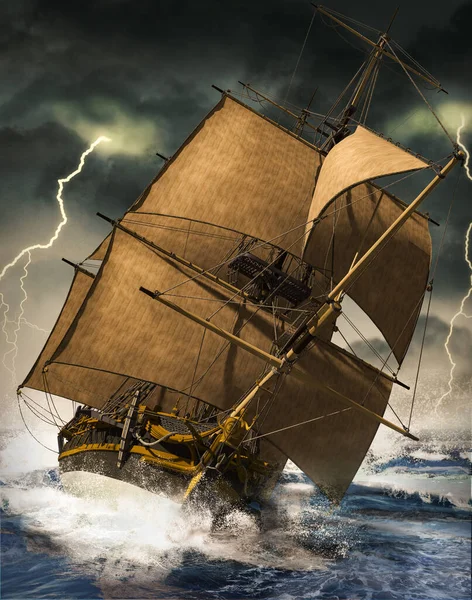 航海船在海浪中航行 在雷电交加的大雷雨中挣扎着保持漂浮 — 图库照片