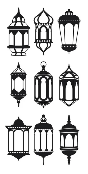 Ramadã Vintage Lanterna Ícones Lineares Símbolos Lâmpada Antiga Muçulmana — Vetor de Stock