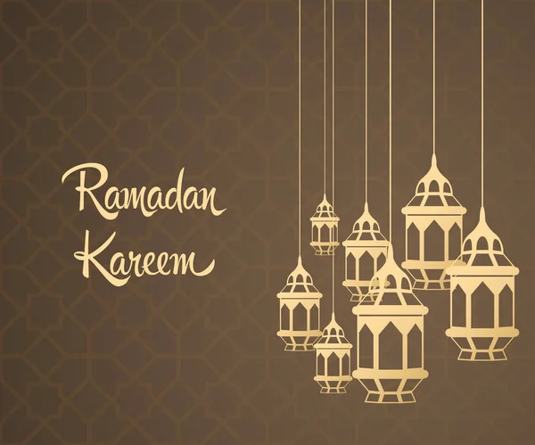 Ramadán Kareem Tarjeta Felicitación Con Linterna Colgando — Vector de stock