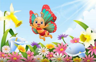 Çizgi film arı çiçek alan üzerinde uçan