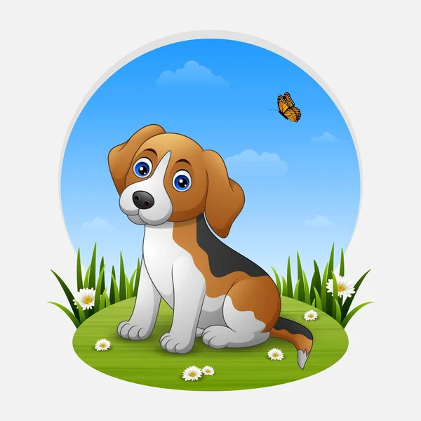 草の上に座って漫画の犬 — ストックベクタ