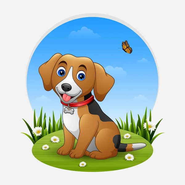 草の上に座って漫画の犬 — ストックベクタ
