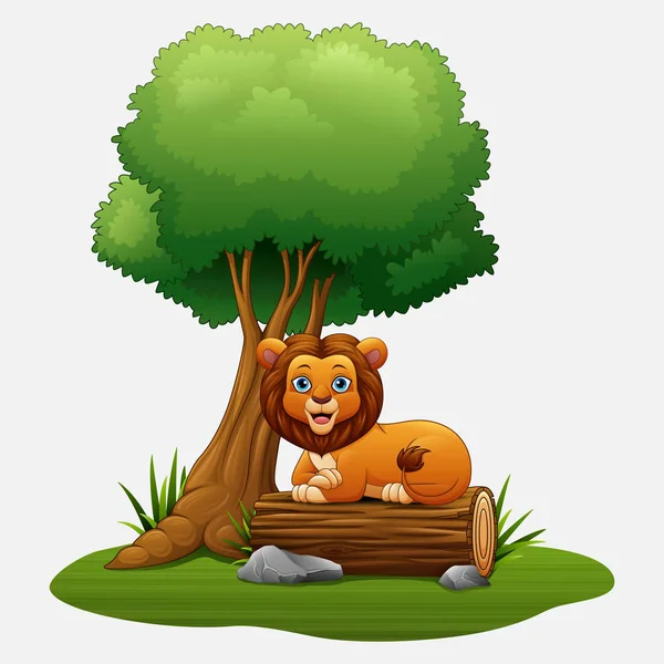 León Dibujos Animados Sentado Debajo Del Árbol — Vector de stock