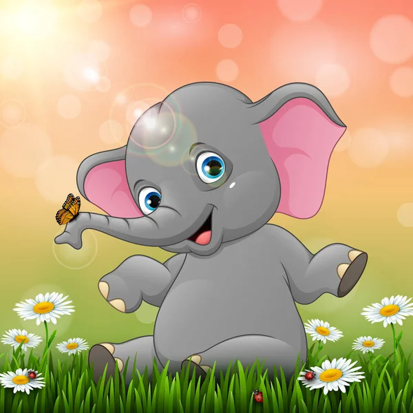 Niedliche Baby Elefant Sitzt Auf Gras Hintergrund — Stockvektor