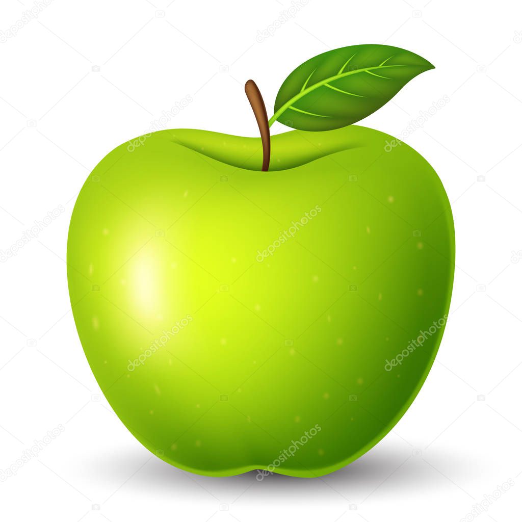 Green apple with green leaf isolated on white background