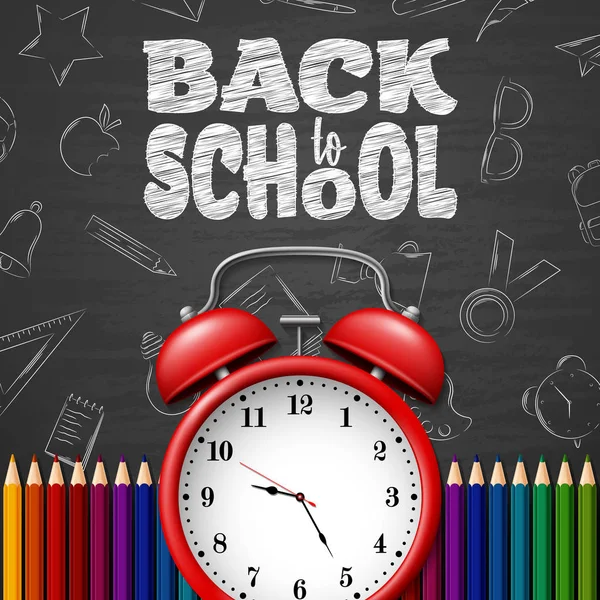 Back School Background Doodle Elements Chalkboard Clock Colorful Pencils — Stock Vector