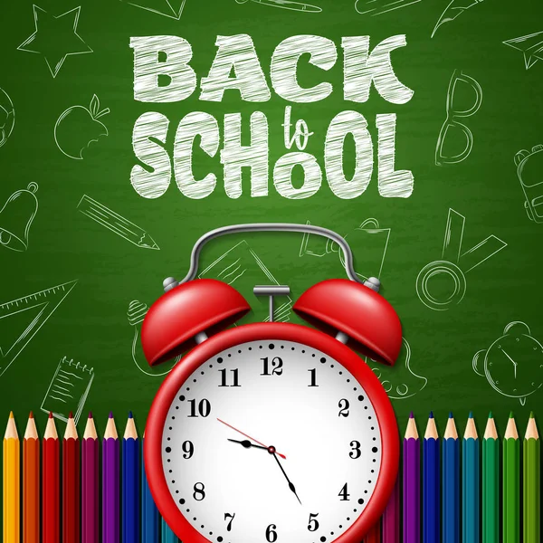 Back School Background Doodle Elements Chalkboard Clock Colorful Pencils — Stock Vector