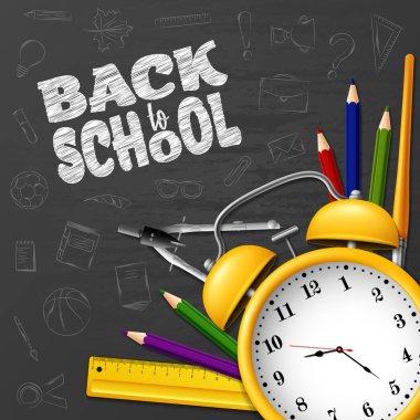 Okul ile okula geri kaynakları ve kara tahta arka plan üzerinde doodles