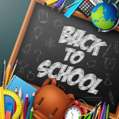 Okul afiş ile okul malzemeleri ve kara tahta arka plan üzerinde doodles