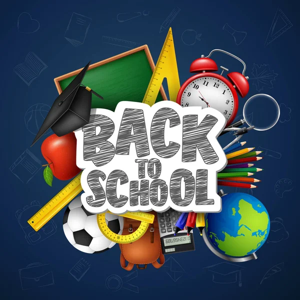 Back School School Supplies Doodles Blue Chalkboard Background — Stock Vector