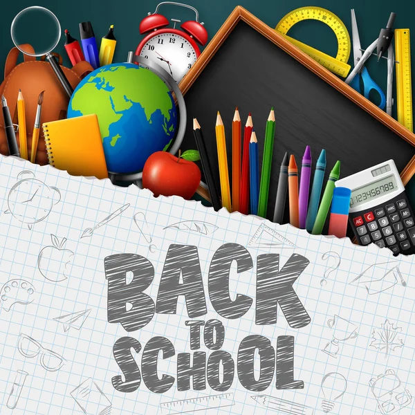 Back School Banner School Supplies Blue Chalkboard Background — Stock Vector