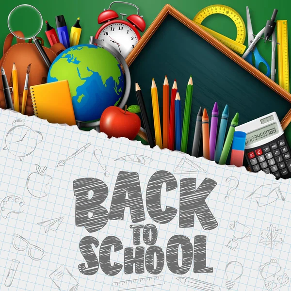 Tillbaka Till Skolan Banner Med Skolmaterial Gröna Chalkboard Bakgrund — Stock vektor