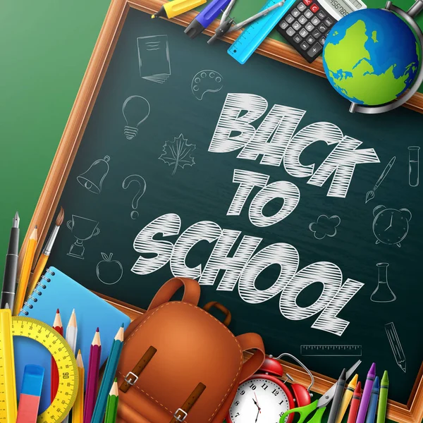 Terug Naar School Banner Met School Levert Doodles Schoolbord Achtergrond — Stockvector