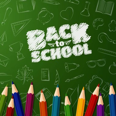 Okul arka plan doodle elemanları ile hoş geldiniz chalkboard ve renkli kalemler üzerinde
