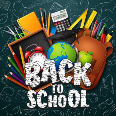 Okul ile okula geri kaynakları ve yeşil kara tahta arka plan üzerinde doodles