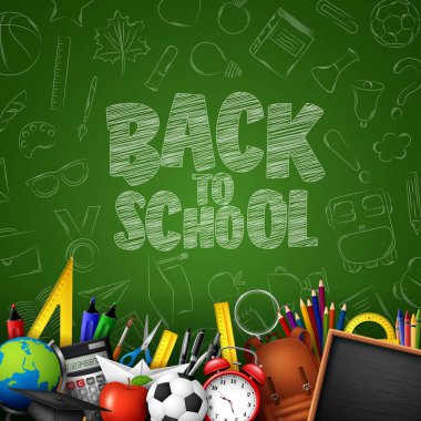 Okul ile okula geri kaynakları ve yeşil kara tahta arka plan üzerinde doodles