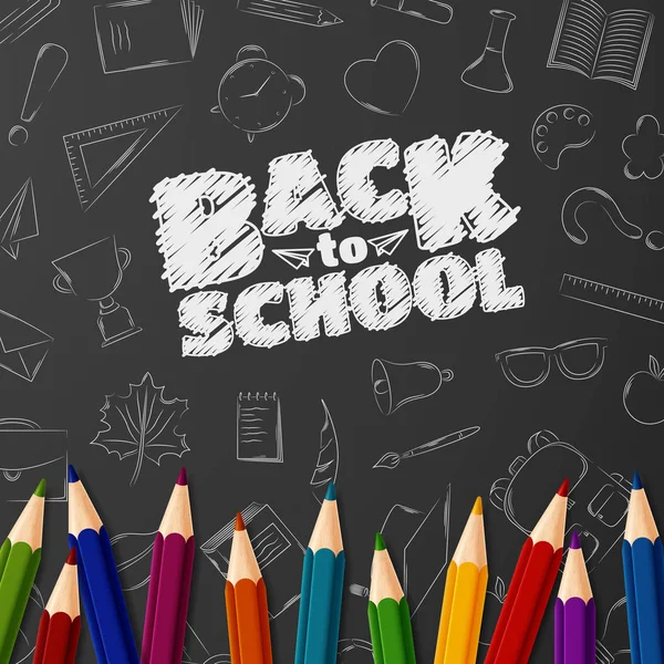 黒板やカラフルな鉛筆で落書き要素を持つ学校の背景にようこそに戻る — ストックベクタ
