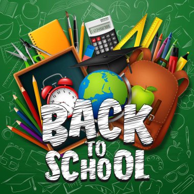 Kırtasiye ve okul malzemeleri ile Okul arka arkaya vektör çizim