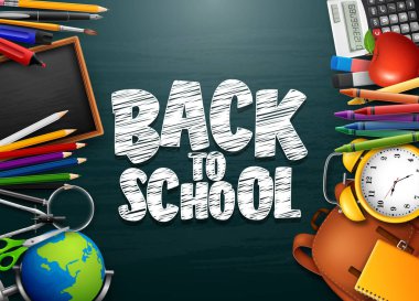 Kırtasiye ve okul malzemeleri ile Okul arka arkaya vektör çizim