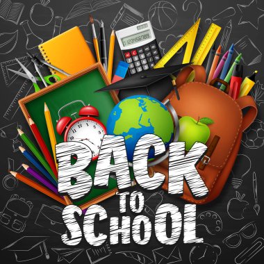 Okul malzemeleri ve siyah kara tahta arka plan üzerinde karalamalar ile okula geri vektör çizim