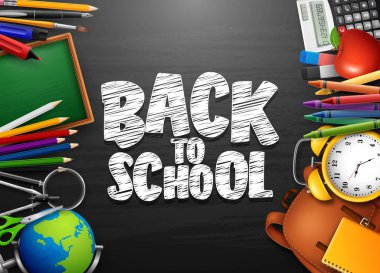 Kırtasiye ve okul malzemeleri ile Okul arka arkaya vektör çizim