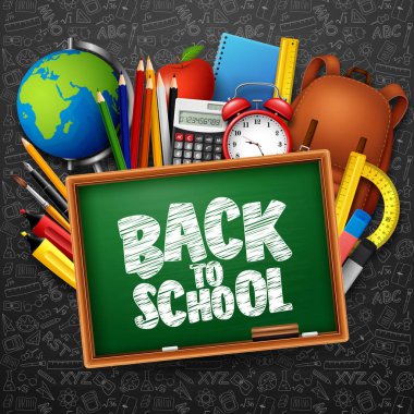 Kırtasiye ve okul malzemeleri ile Okul arka arkaya vektör çizim