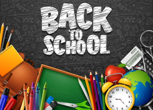 Okul malzemeleri ve siyah kara tahta arka plan üzerinde karalamalar ile okula geri vektör çizim