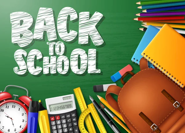 Illustrazione Vettoriale Back School Con Cancelleria Materiale Scolastico — Vettoriale Stock