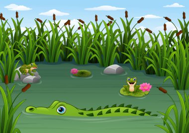 Cartoon alligator and Frogs in the pond vector Cartoon alligator and Frogs in the pond vector