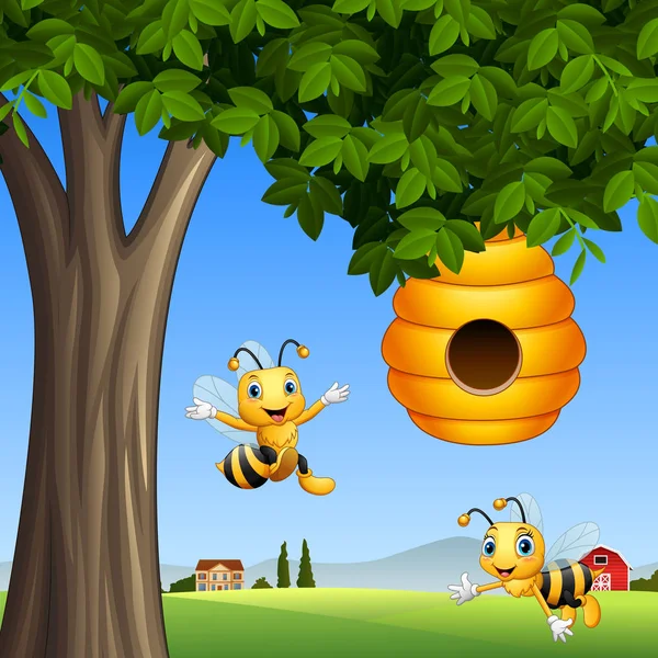 Abeilles Dessin Animé Avec Miel Sous Arbre — Image vectorielle