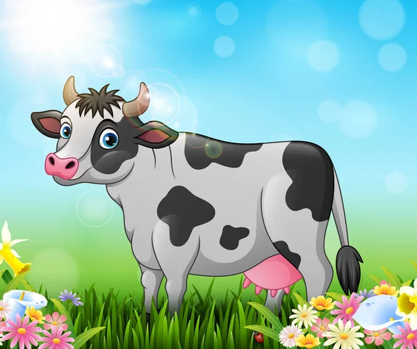 Vaca Dibujos Animados Con Fondo Naturaleza — Vector de stock