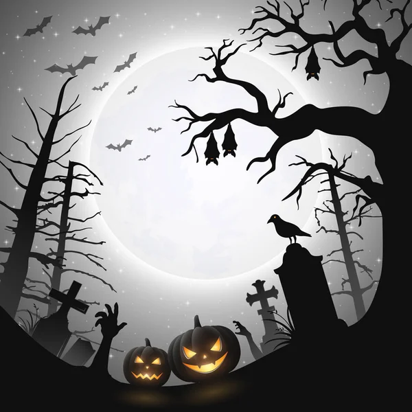 Sfondo Halloween Con Zucche Pipistrelli Appesi All Albero — Vettoriale Stock