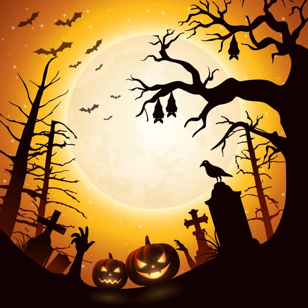 Fondo Halloween Con Calabazas Murciélagos Colgando Árbol — Vector de stock