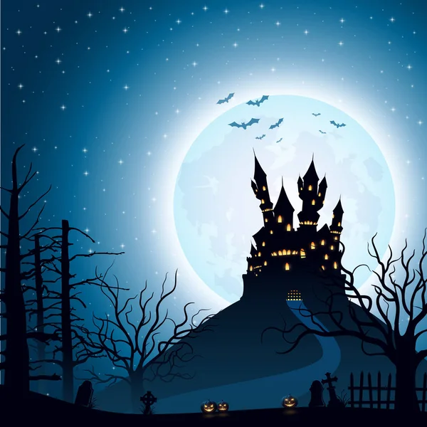 Ilustración Vectorial Del Fondo Nocturno Halloween Con Castillo Calabazas — Archivo Imágenes Vectoriales