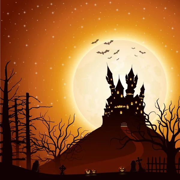Vector Illustration Halloween Night Background Castle Pumpkins — Stock Vector