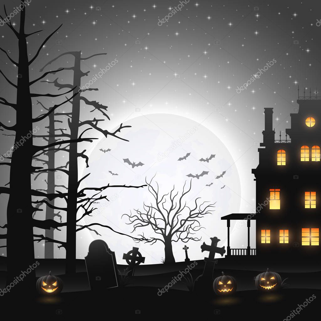 Vector illustration of Halloween night background with castle and pumpkins