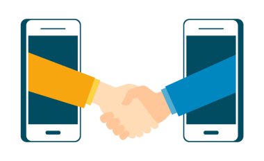 İş yatırımcı işlem el sıkışma ile akıllı telefon vektör çizim