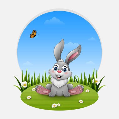 Karikatür komik tavşan çim üzerinde oturan vektör çizim