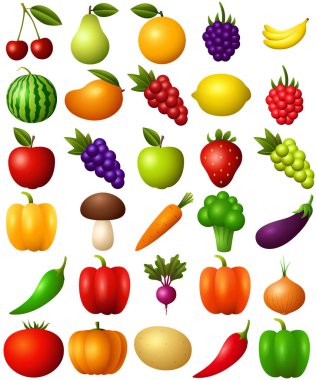 Meyve ve sebze beyaz arka plan üzerinde izole kümesi vektör çizim