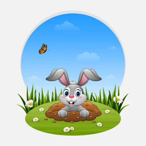 Vector Illustration Cartoon Rabbit Come Out Hole Grass — Stock Vector