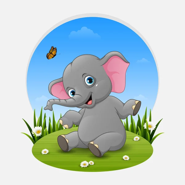 Ilustración Vectorial Del Elefante Bebé Dibujos Animados Posando Sobre Hierba — Vector de stock