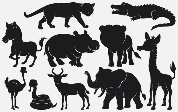 Vektor Illustration Einer Reihe Von Schwarzen Silhouetten Wilde Tiere Karikatur — Stockvektor