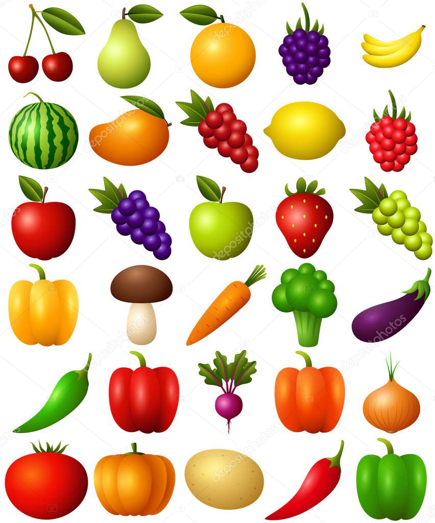 Vector illustration of Set of fruits and vegetables isolated on white background